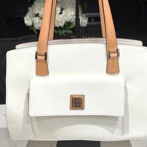 Dooney & Bourke White Patent Leather Satchel with Tan Handles